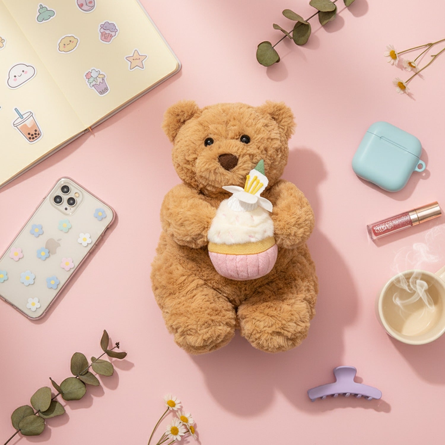 Tan Teddy Bear Plush With Birthday Cupcake