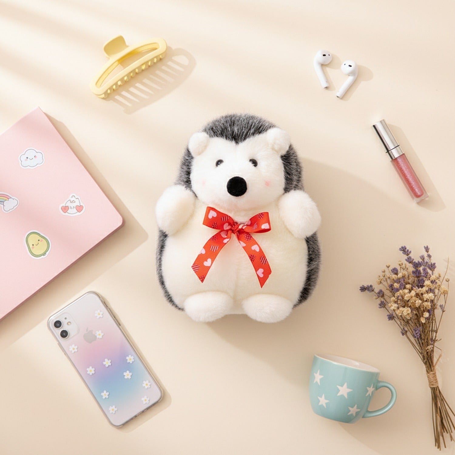 Adorable Gray and White Hedgehog Plush with Red Ribbon Bow