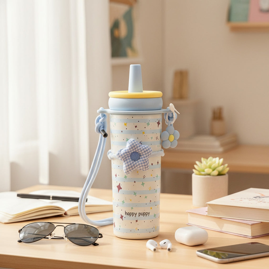 Cream Star Print Tumbler With Checkered Flower Charm