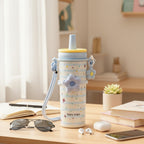 Cream Star Print Tumbler With Checkered Flower Charm