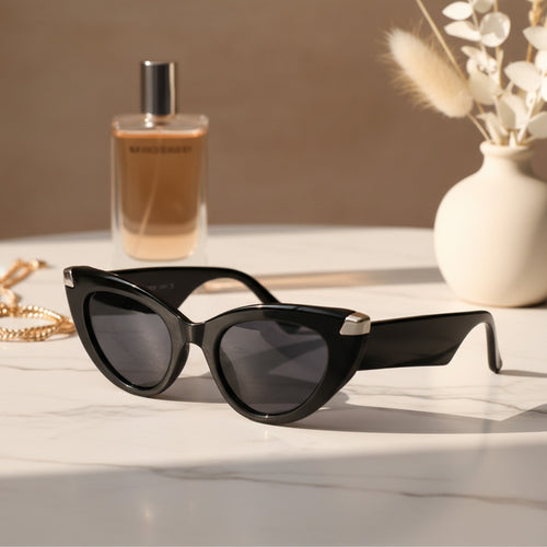 Black Cat Eye Sunglasses With Metal Accents