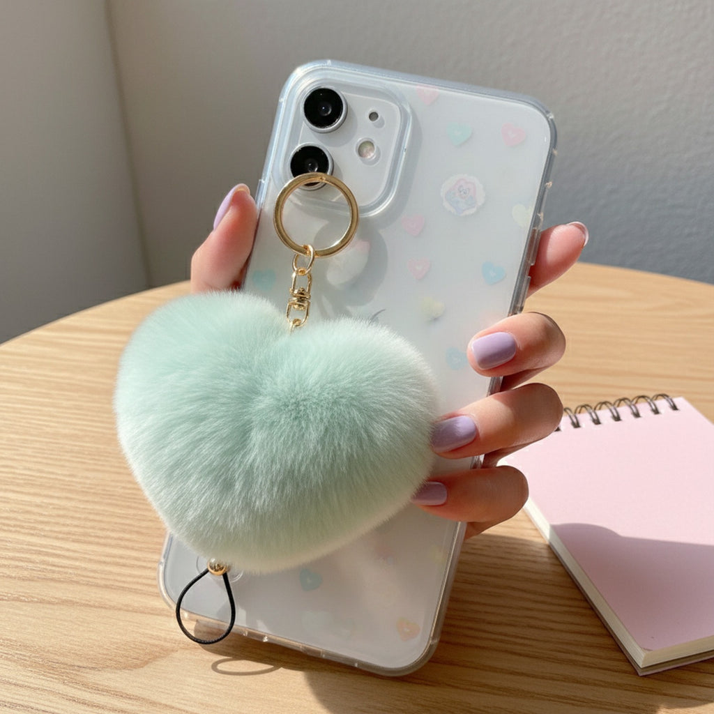 Beige Fuzzy Heart Pom Pom Keychain