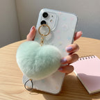 Beige Fuzzy Heart Pom Pom Keychain