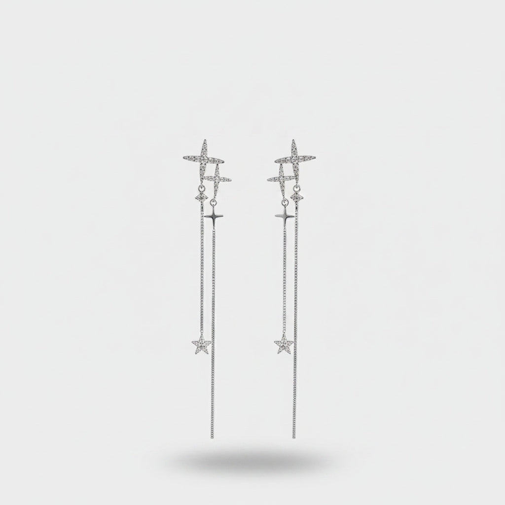 Silver Star Cross Chain Drop Earrings