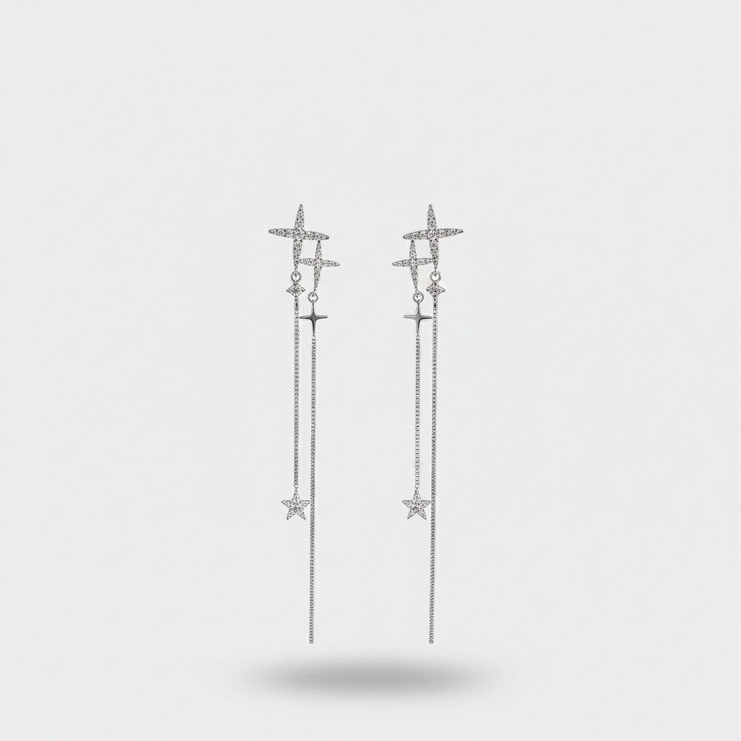 Silver Star Cross Chain Drop Earrings