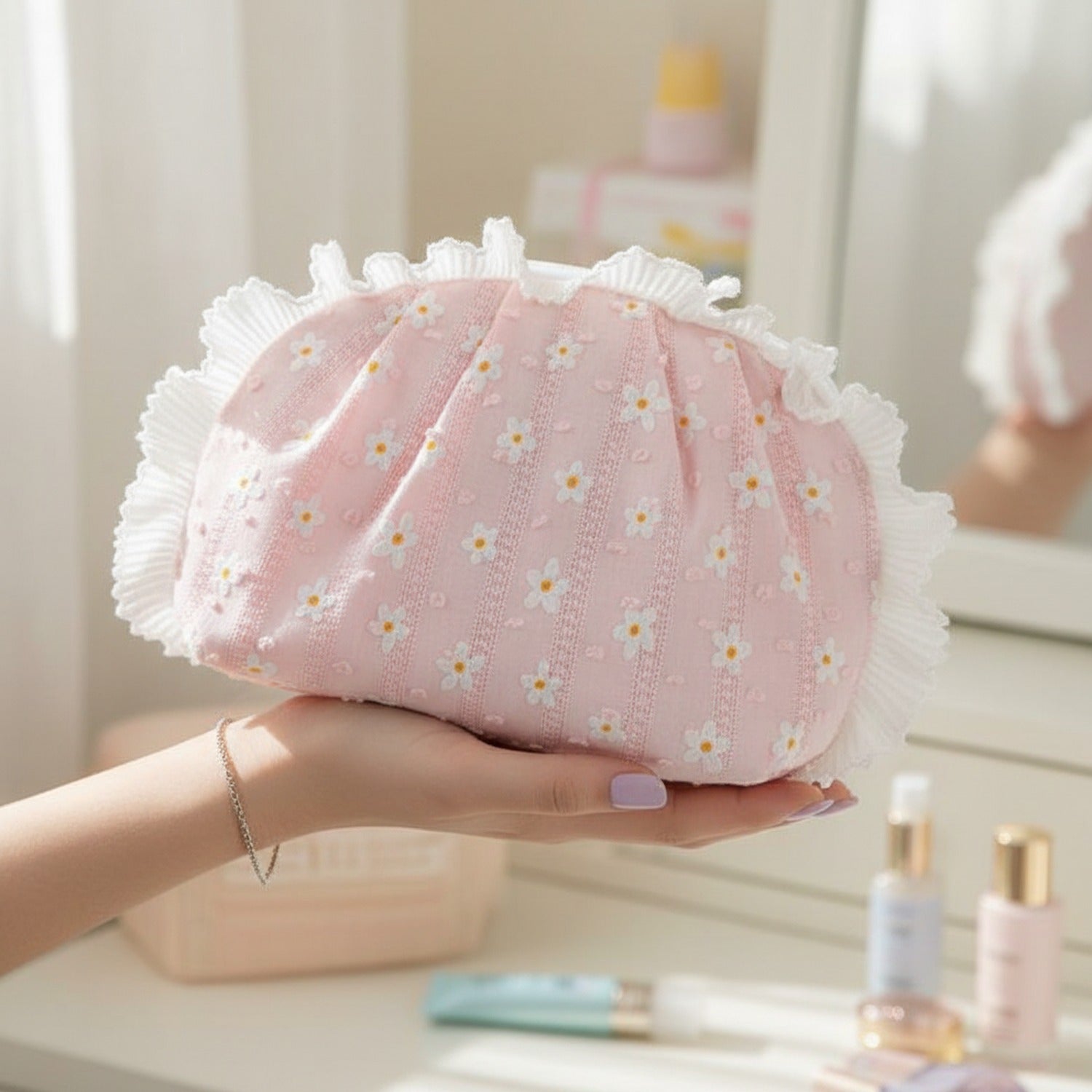 Pink Daisy Flower Quilted Cosmetic Bag With Faux Fur Trim