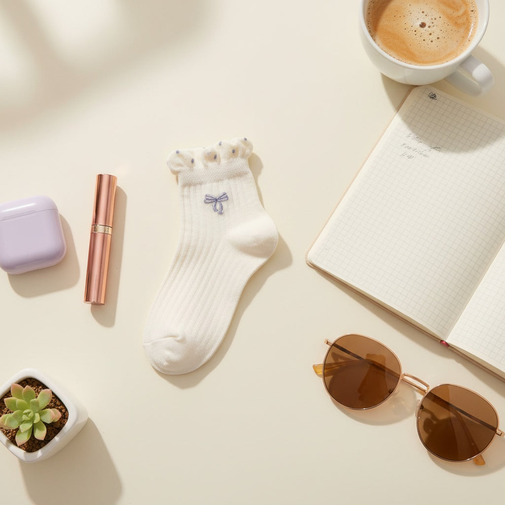 Cream Ribbed Ruffle Bow Socks