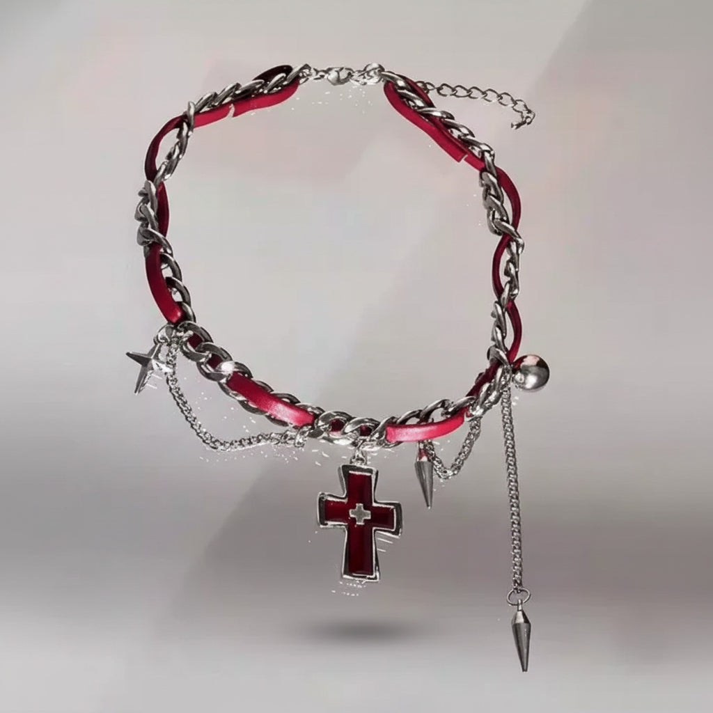 Red Ribbon Chain Cross Charm Necklace