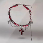 Red Ribbon Chain Cross Charm Necklace
