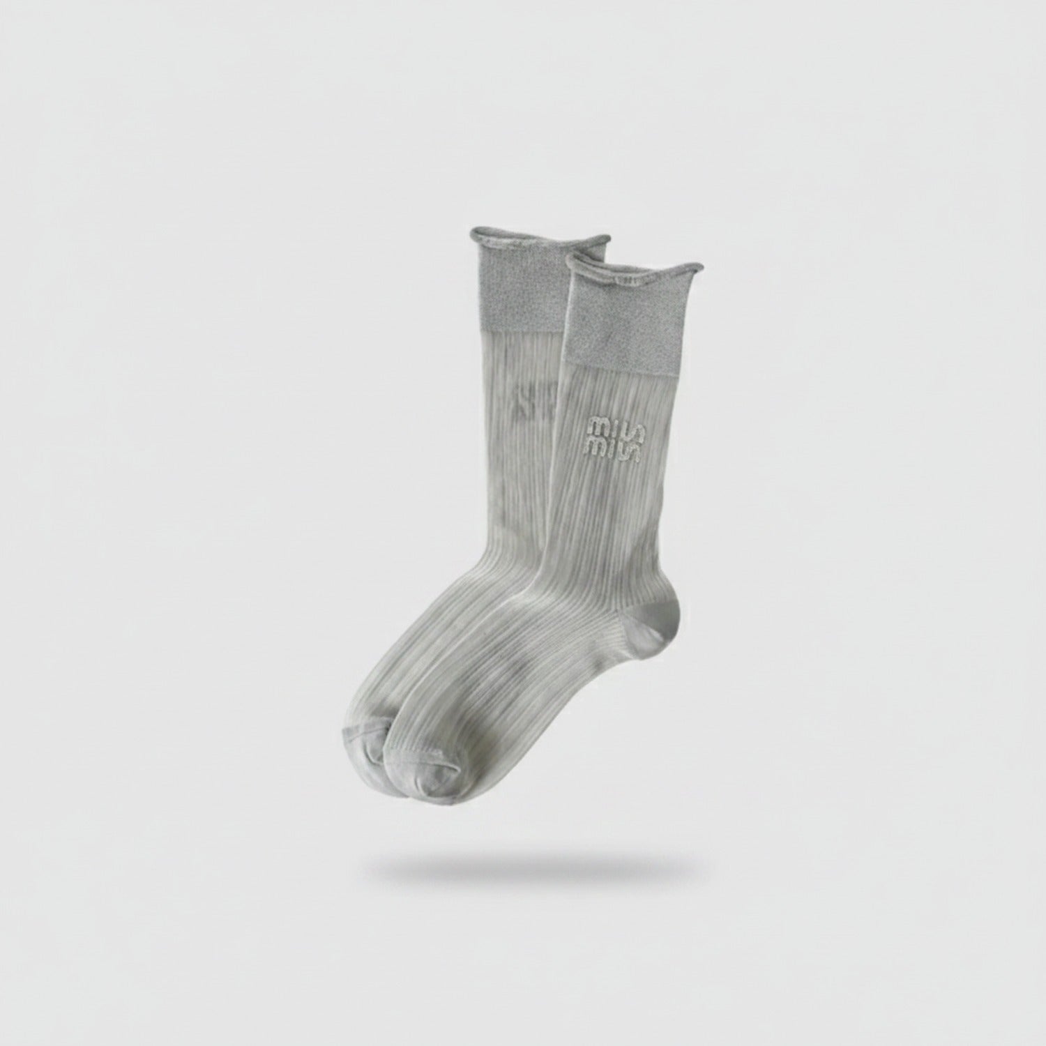 Cream Ribbed Crew Socks With Gray Cuff