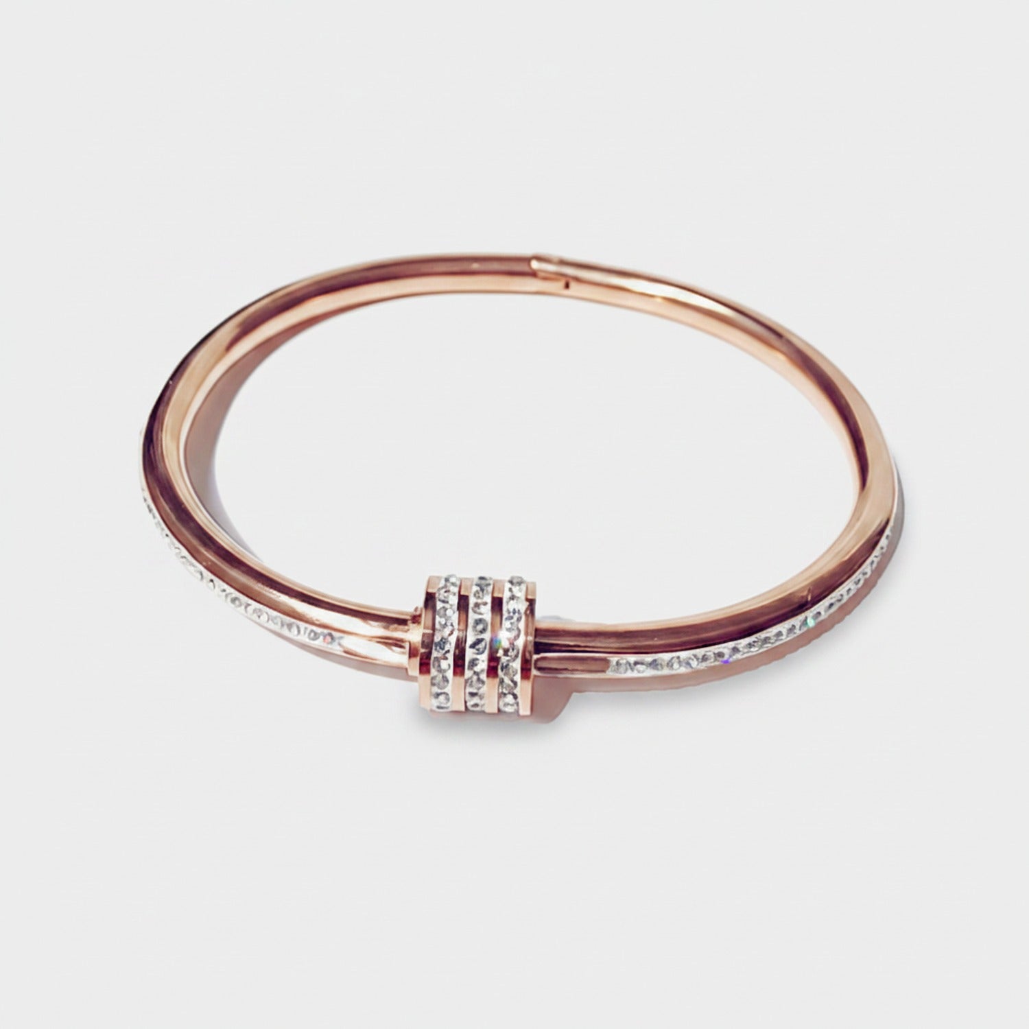 Rose Gold Rhinestone Bangle Bracelet With Charm