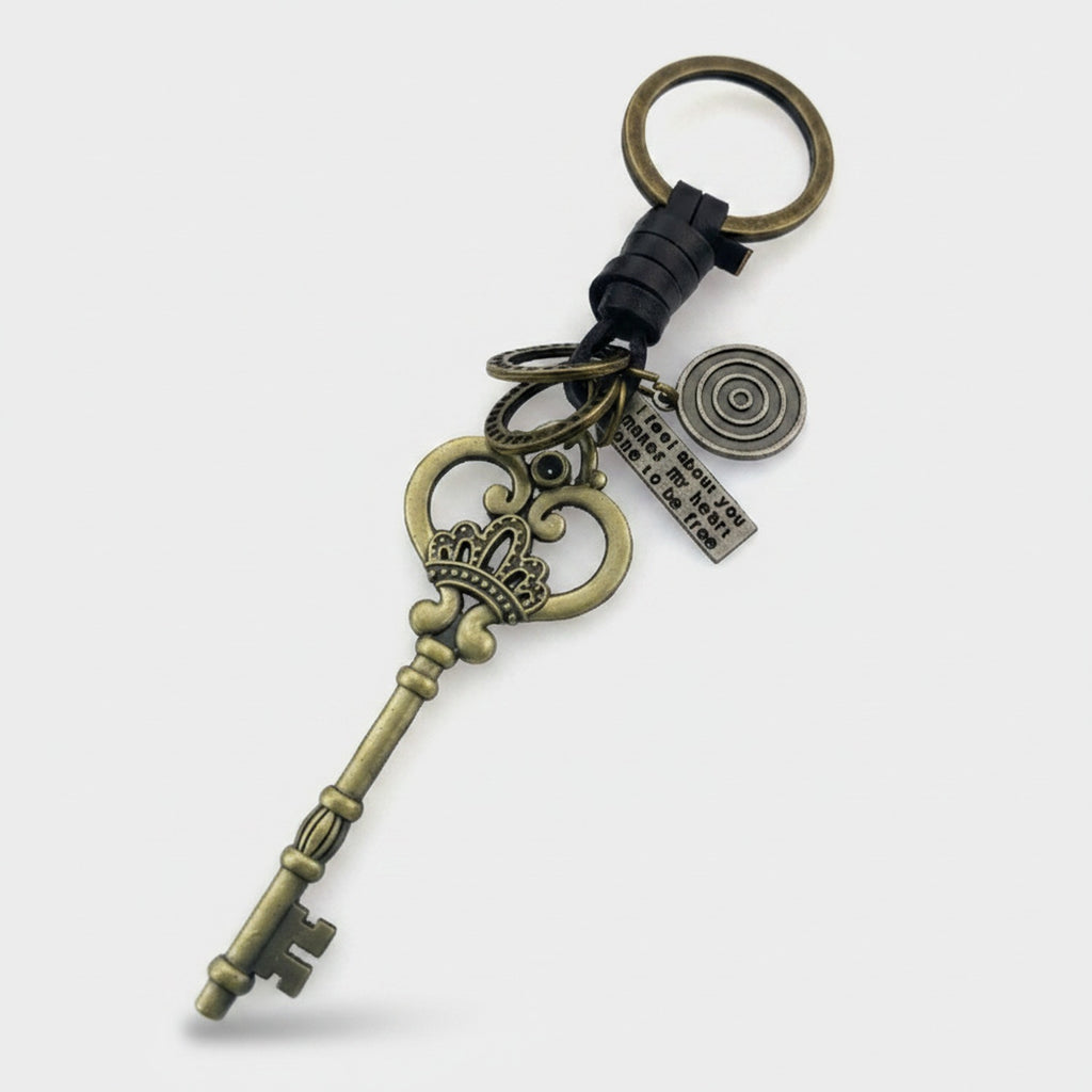 Vintage Brass Key Charm Keyring With Celestial Pendant