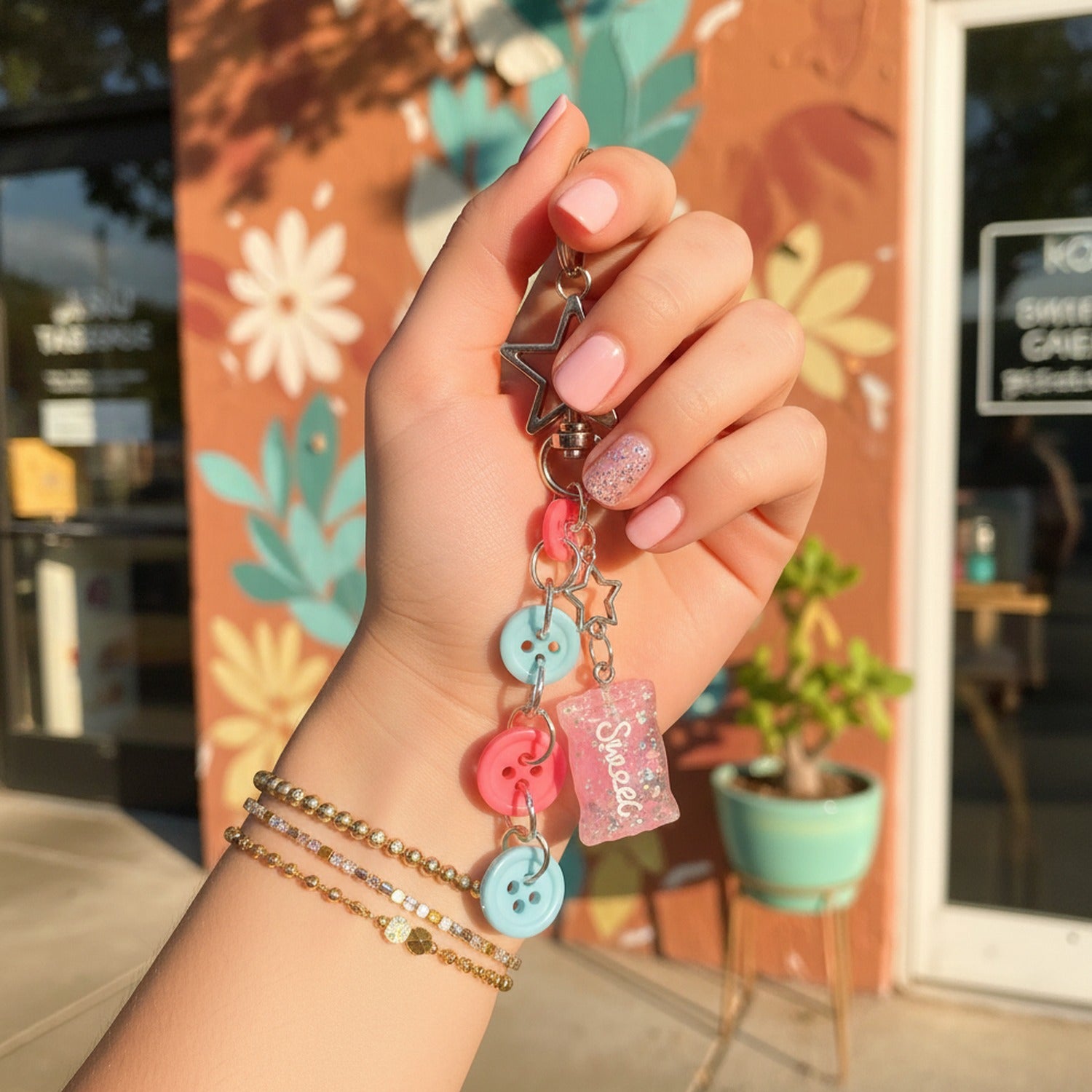 Acrylic Keyring With Star Charm And Button Accents