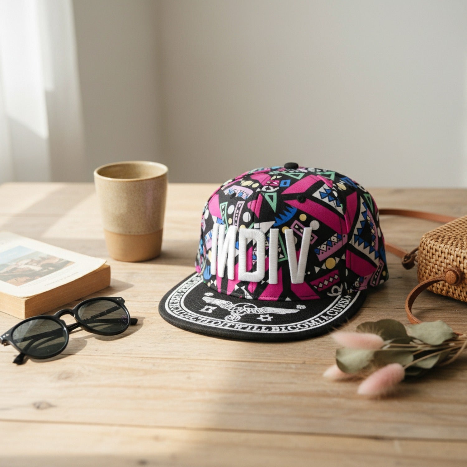 Neon Geometric Snapback Cap With Embroidered Logo