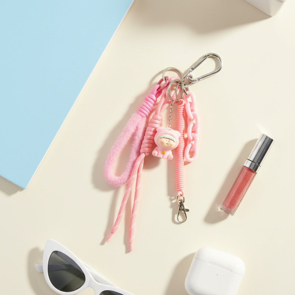 Bear Coil Cord Keychain Fob - Pink