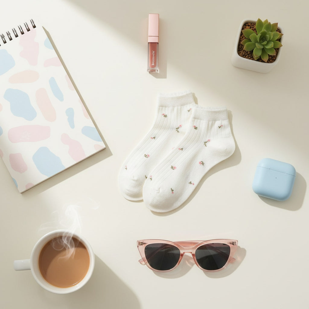 Cream Ribbed Ankle Socks With Floral Embroidery
