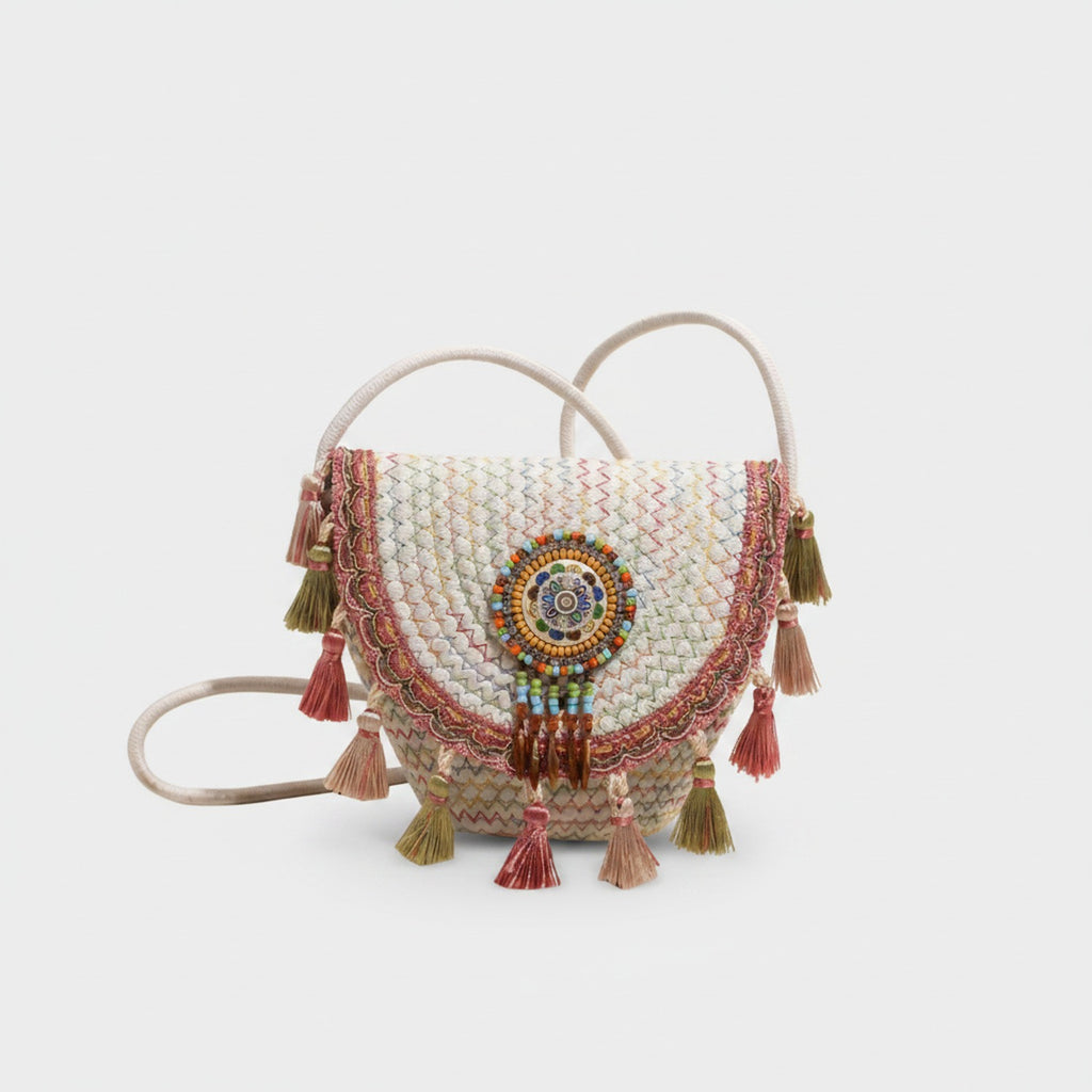 Beaded Boho Crossbody Bag With Tassel Fringe - White Pink Colorblock