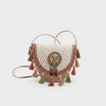 Beaded Boho Crossbody Bag With Tassel Fringe - White Pink Colorblock