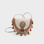 Beaded Boho Crossbody Bag With Tassel Fringe - White Pink Colorblock