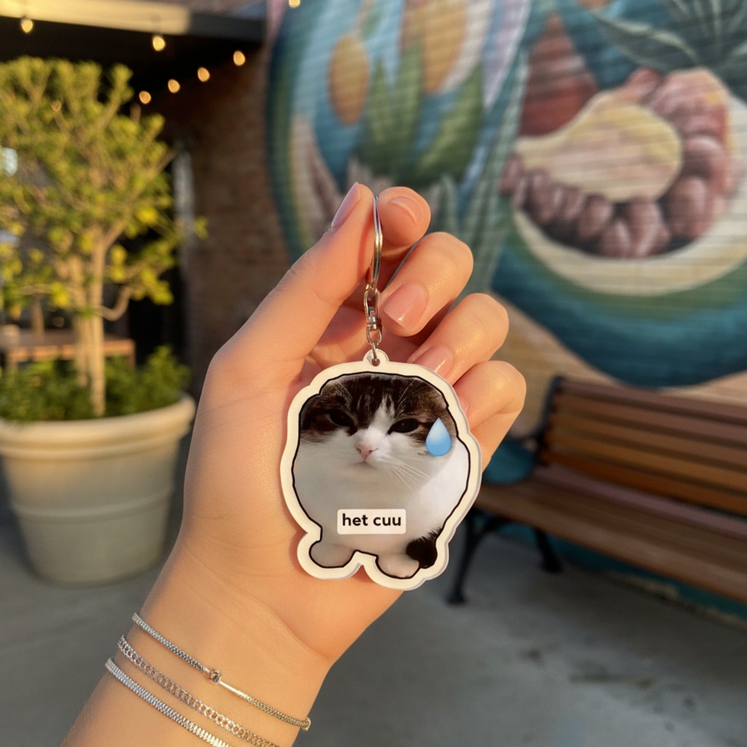 Sad Cat Acrylic Keyring Charm with Teardrop