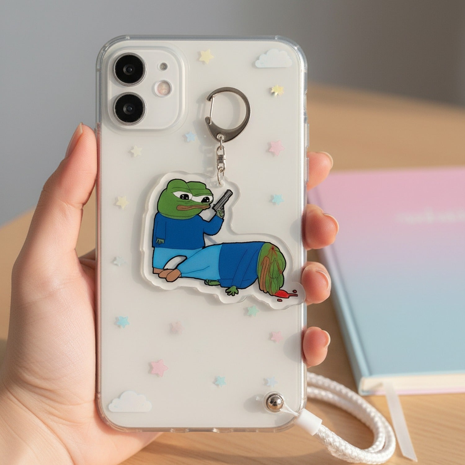 Sad Cat Acrylic Keyring Charm with Teardrop