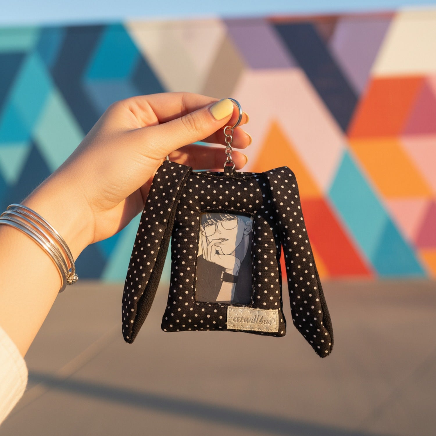 Black Polka Dot Bunny Ear Phone Charm With Star