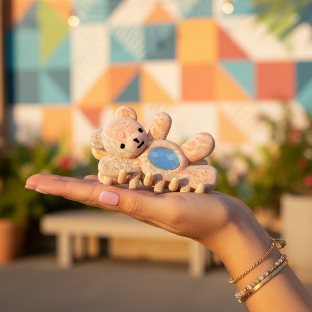 Fuzzy Teddy Bear Hair Claw With Mirror Detail