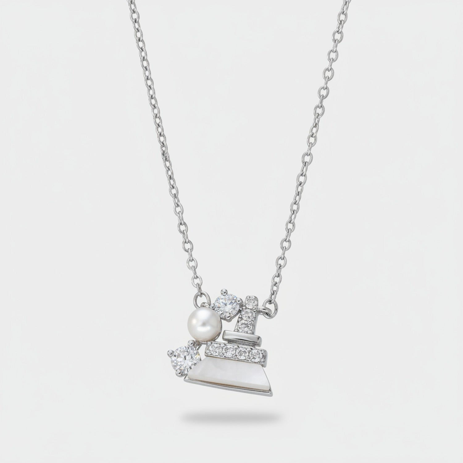 Gold Pearl and Rhinestone Bell Charm Necklace