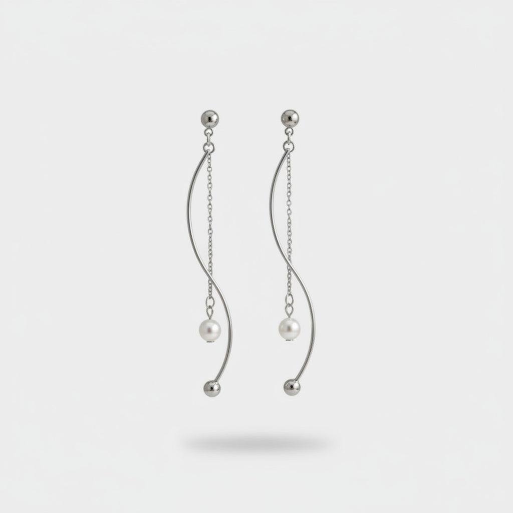 Silver Pearl Chain Drop Earrings