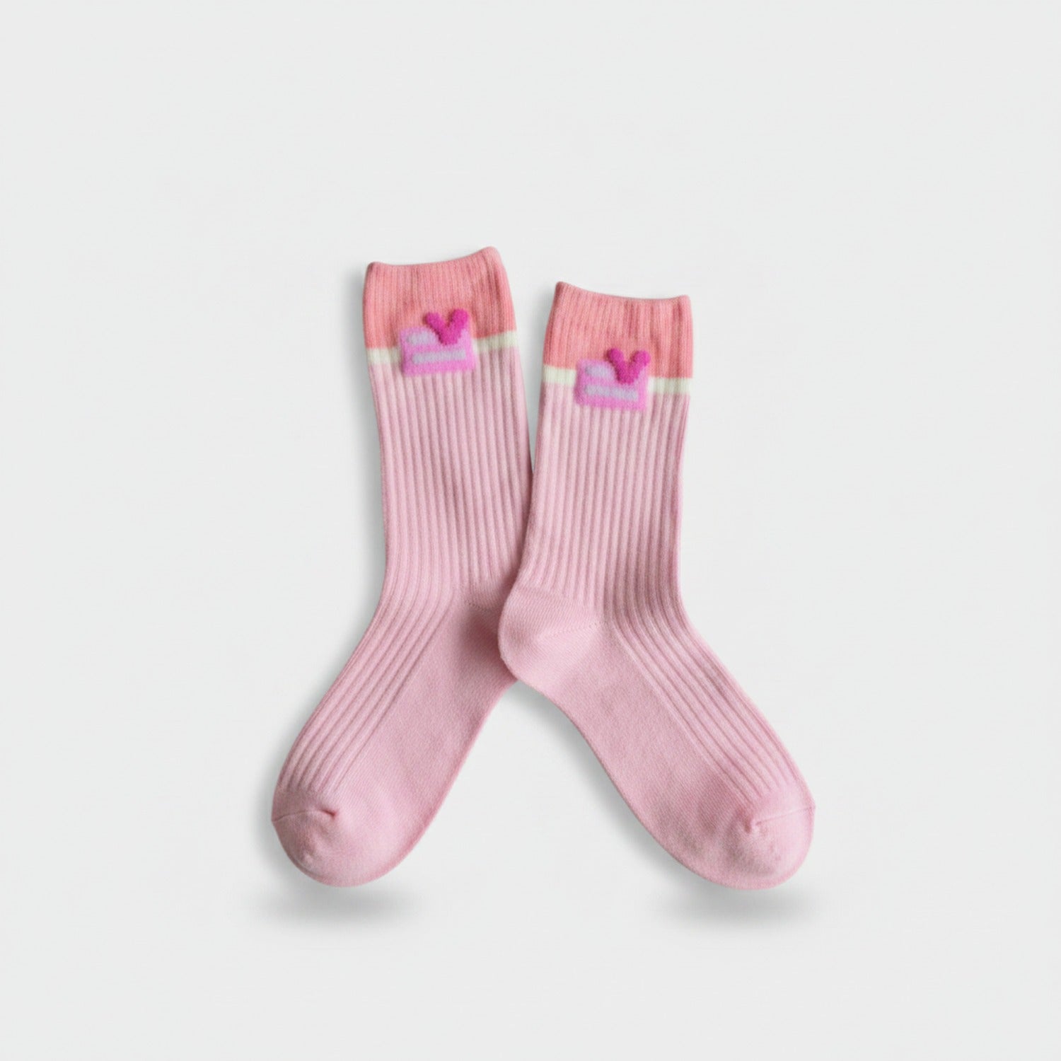 Yellow And White Ribbed Crew Socks With Heart Detail
