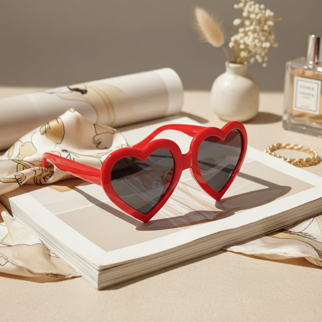 Red Heart-Shaped Sunglasses With Dark Lenses