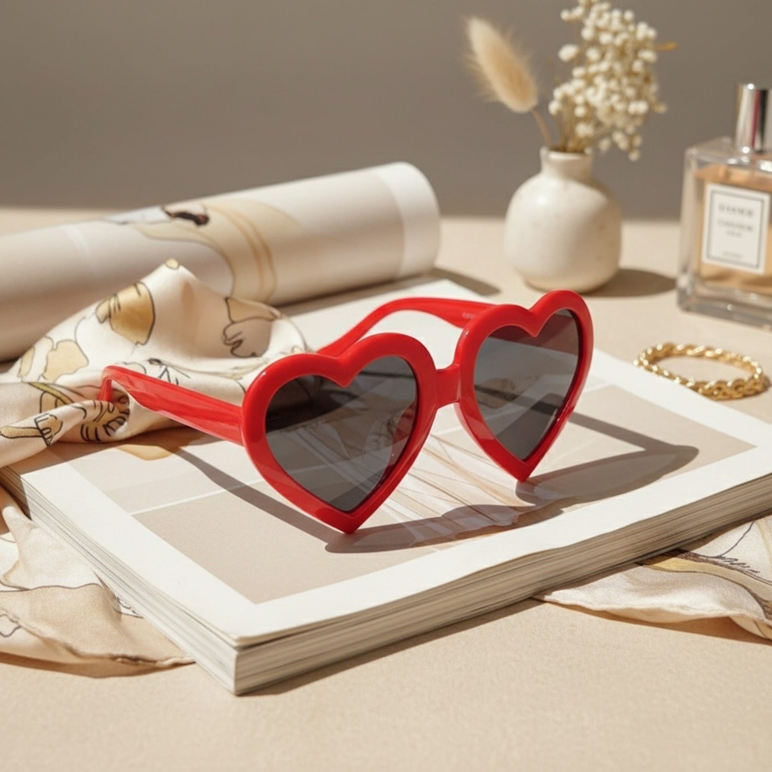 Red Heart-Shaped Sunglasses With Dark Lenses