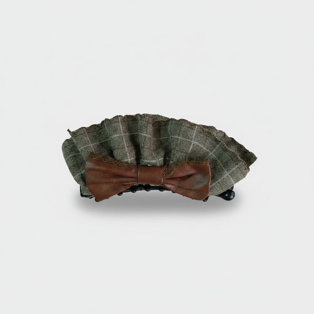 Green Plaid Wool Hair Claw With Brown Bow