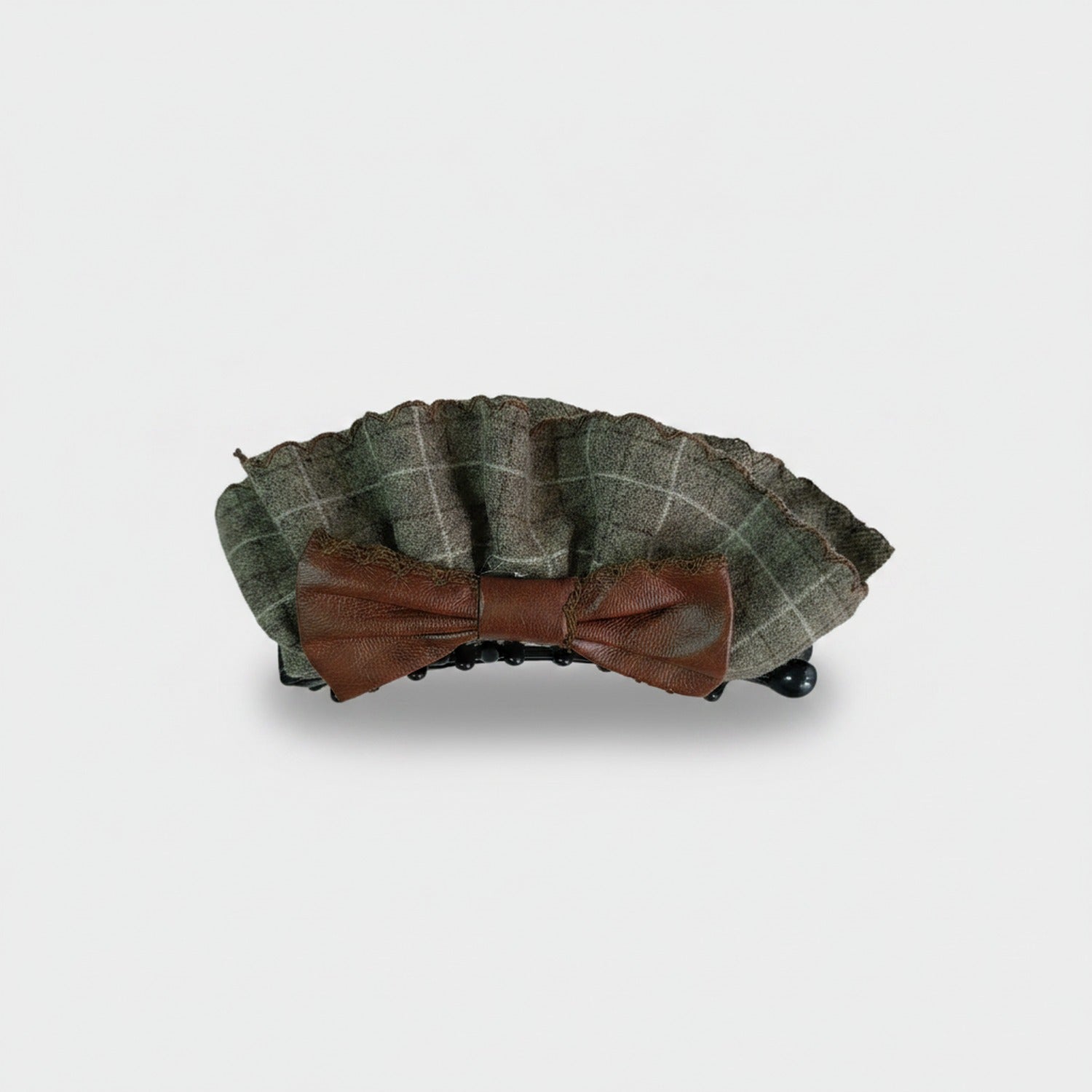 Green Plaid Wool Hair Claw With Brown Bow