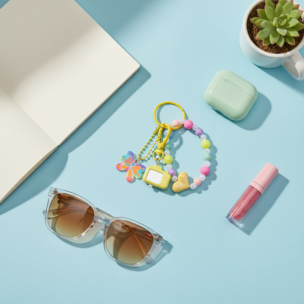Pastel Beaded Charm Keyring With Butterfly And Heart