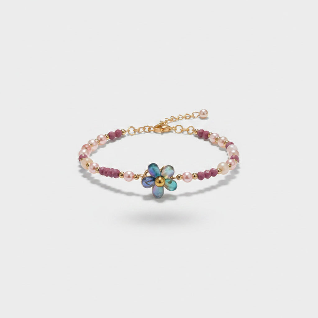 Beaded Flower Charm Bracelet With Pearls