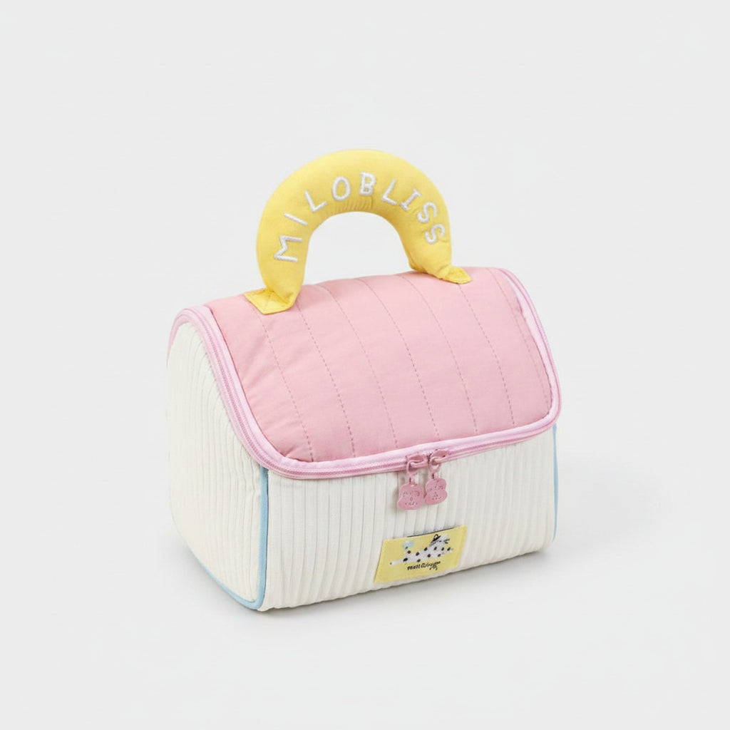 Pink & Cream Quilted Cosmetic Bag With Yellow Handle