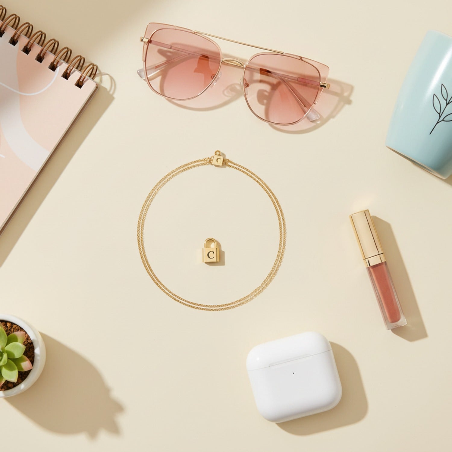 Gold Padlock Charm Pendant Necklace