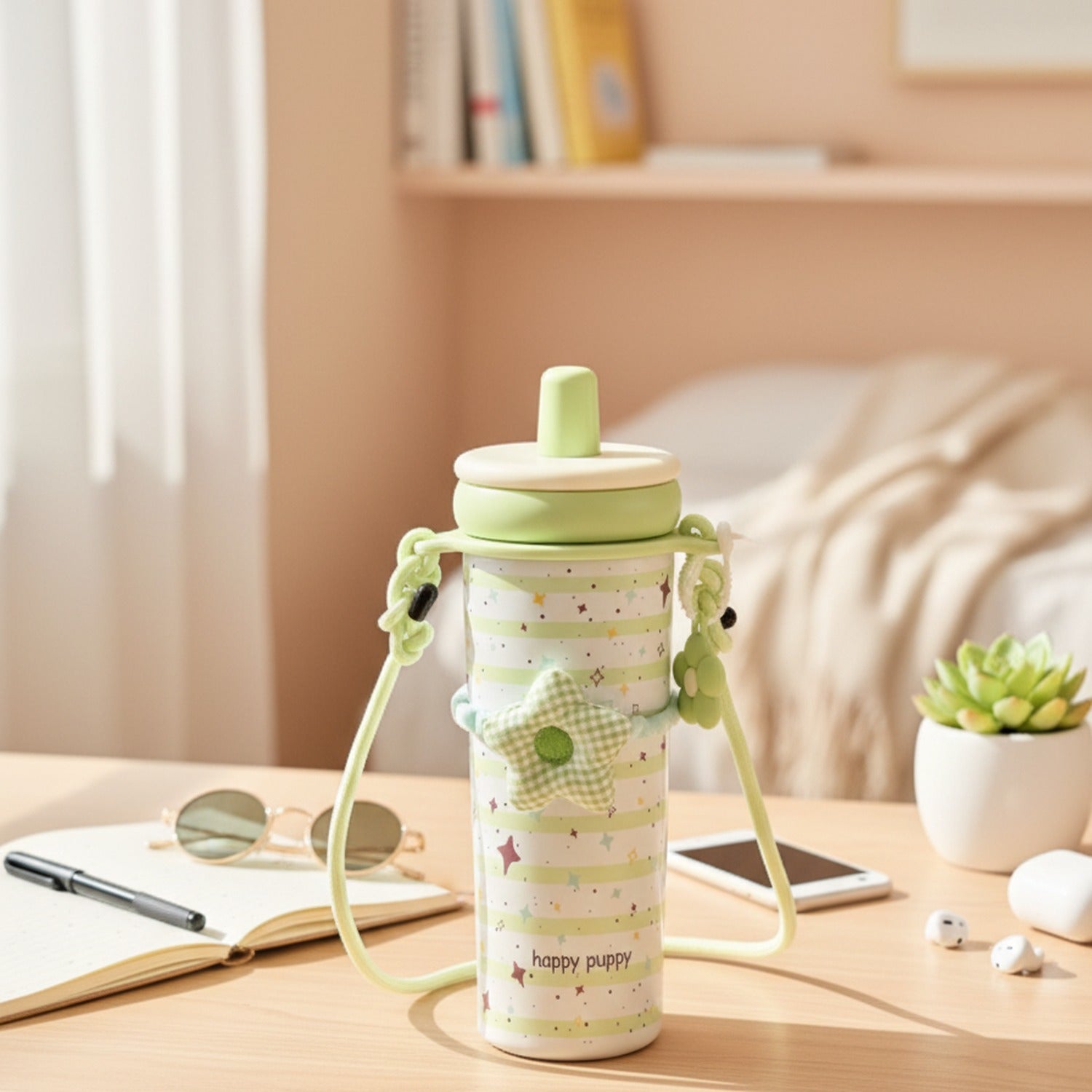 Pastel Green Star Print Insulated Tumbler With Charm Strap