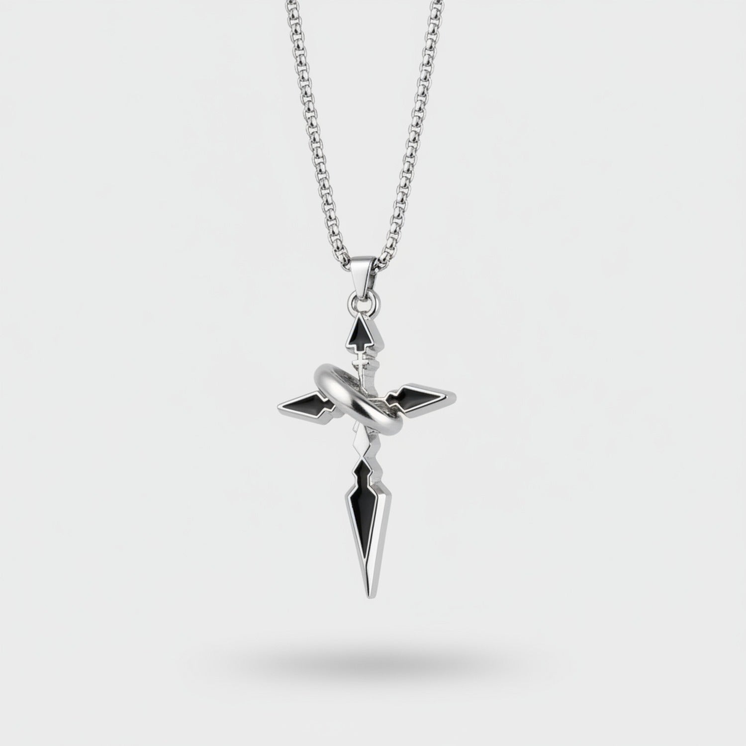 Silver Cross Pendant Necklace with Black Stone Detail