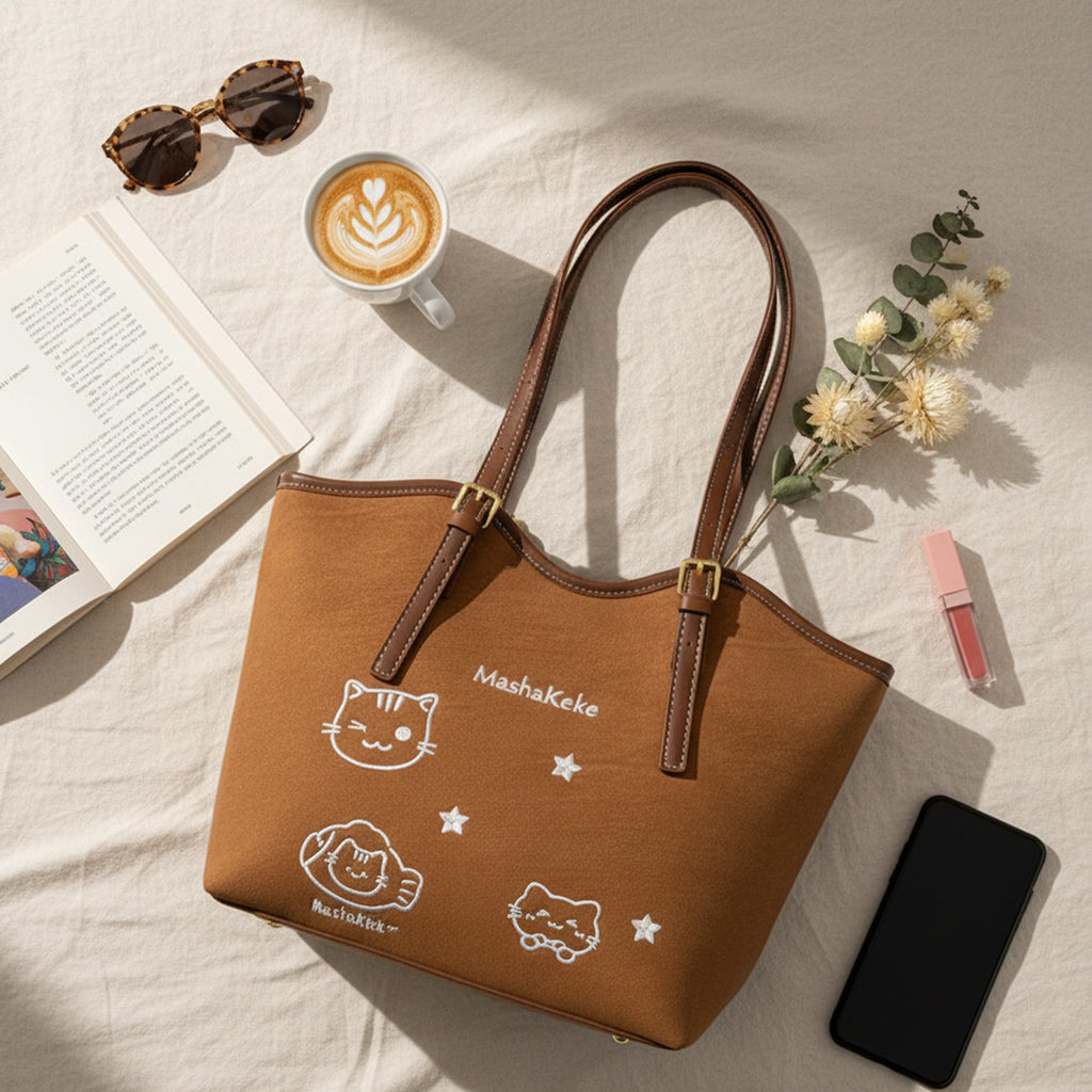 Brown Leather Tote Bag With Cat Star Charms
