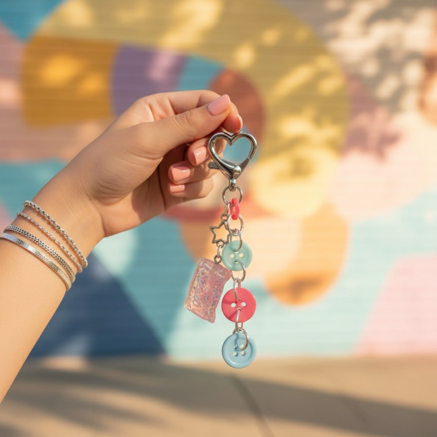 Pastel Button Charm Heart Keyring