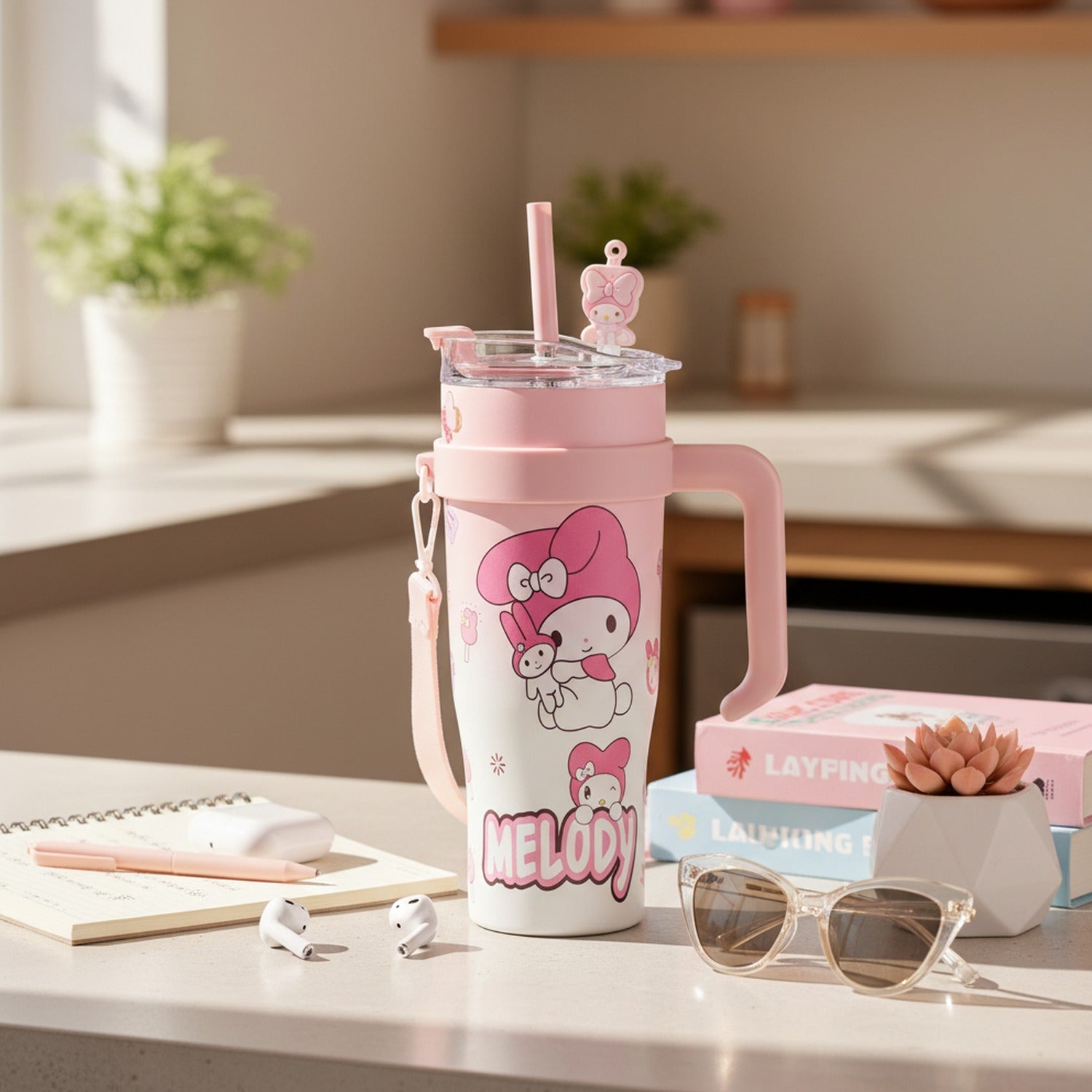 Pink Melody Cartoon Character Tumbler With Handle