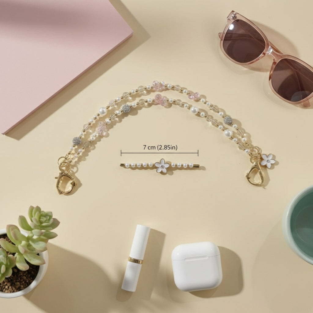 Pearl Beaded Phone Strap With Heart Charm