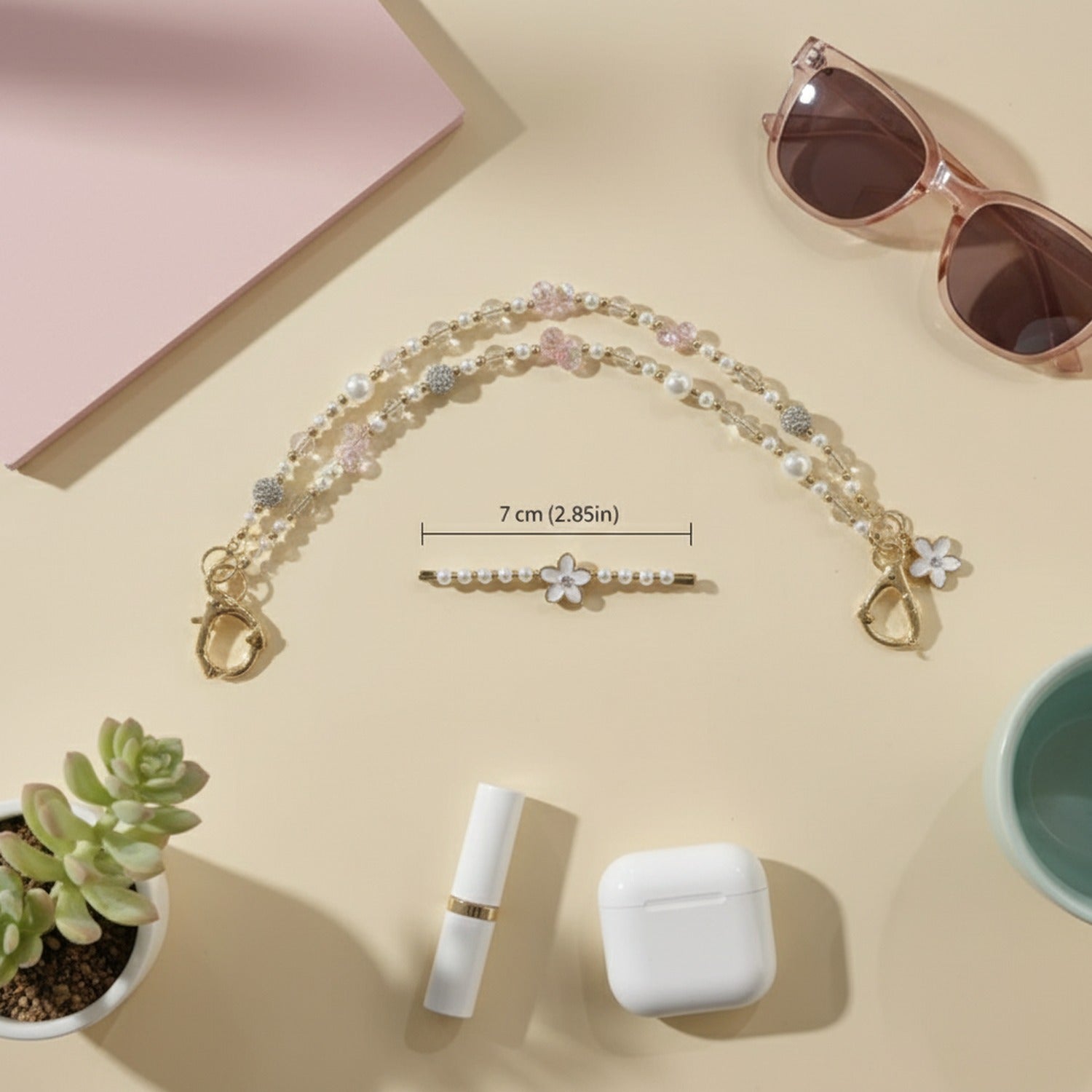 Pearl Beaded Phone Strap With Heart Charm