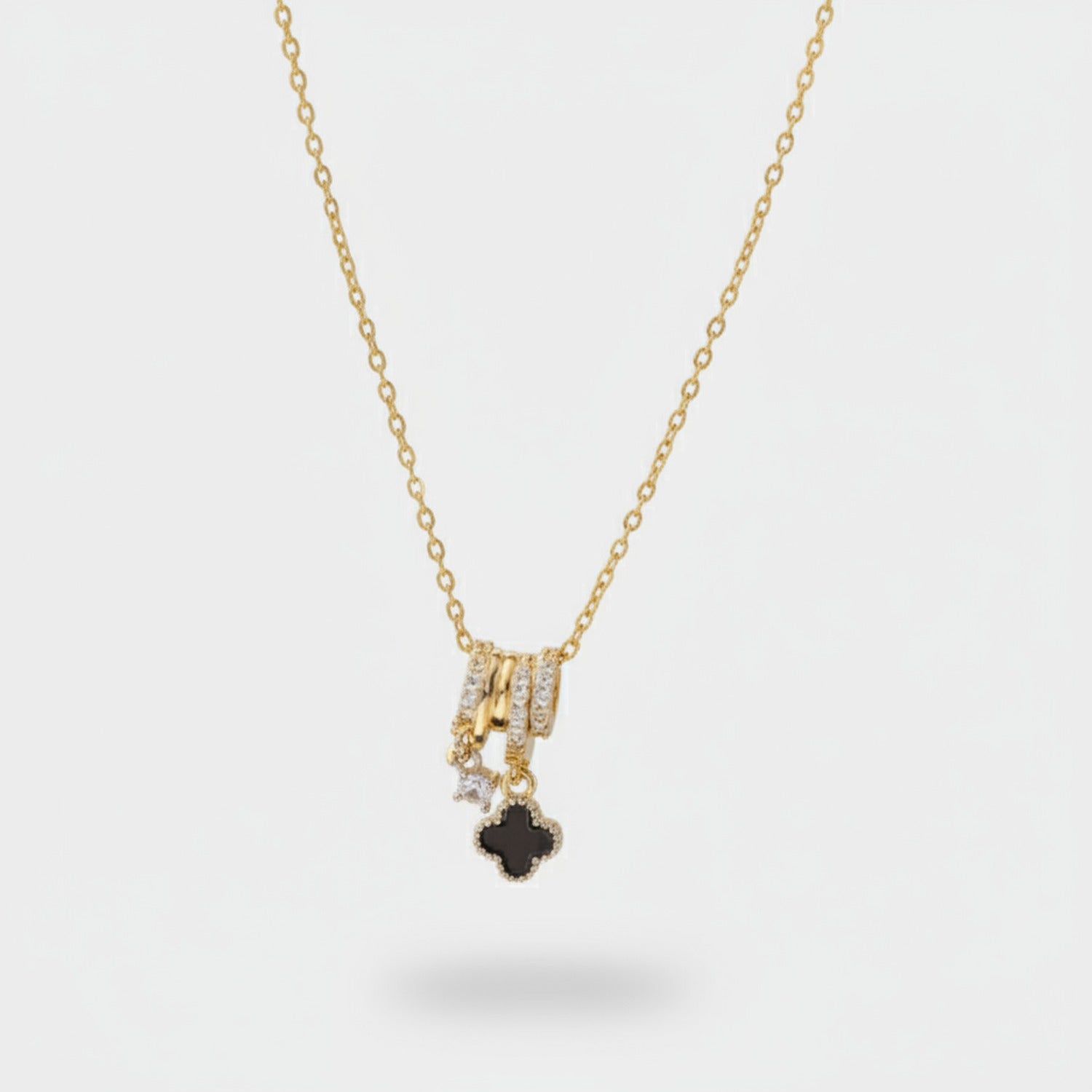 Black Clover Charm Rhinestone Silver Necklace