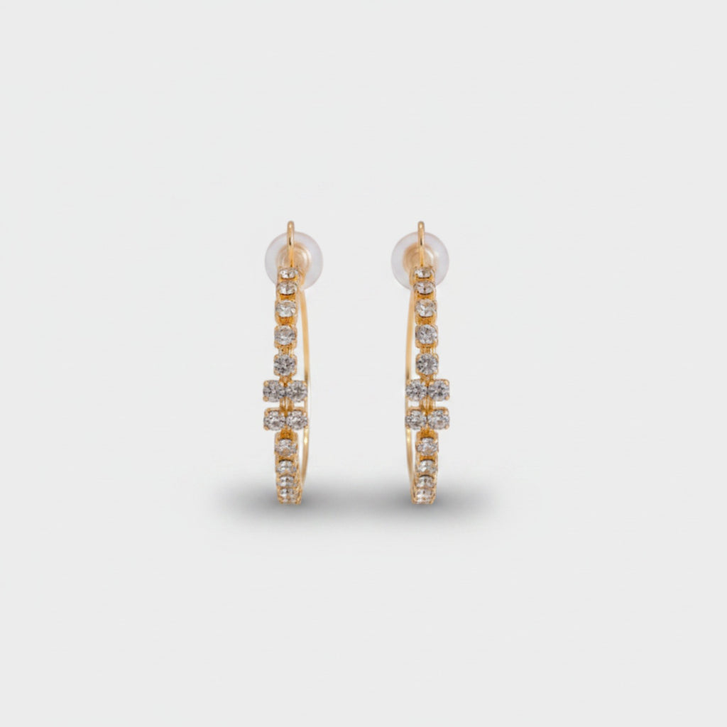 Gold Rhinestone Hoop Earrings with Cross Detail