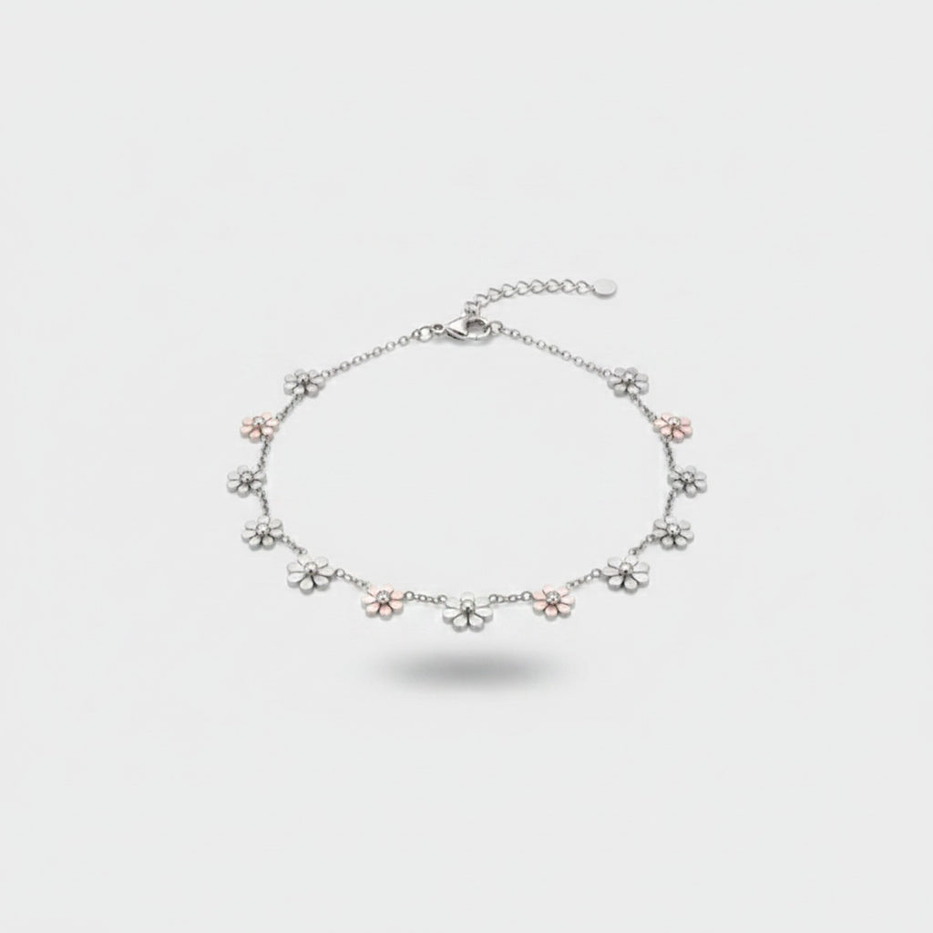 Silver Flower Charm Bracelet With Rose Gold Accents