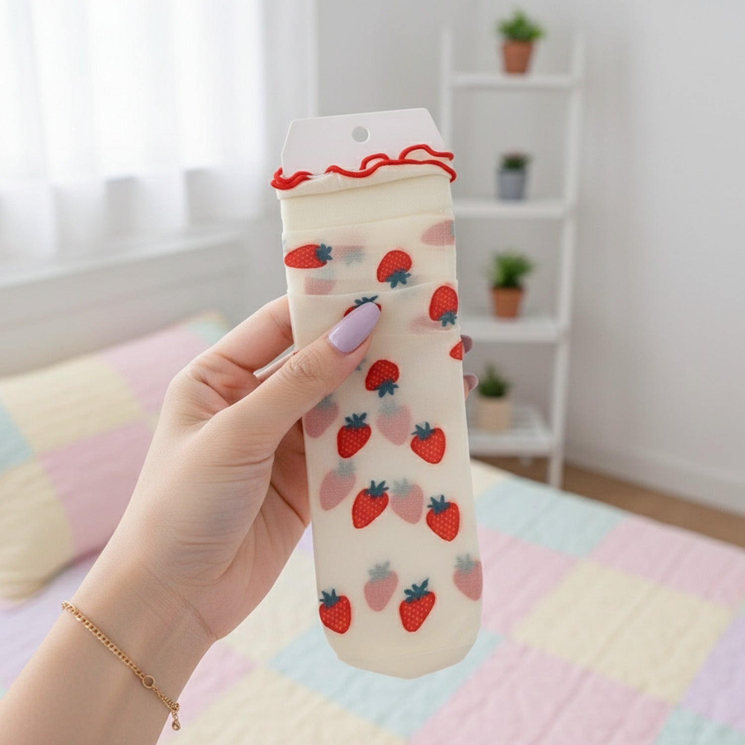 Strawberry Cream Socks With Ruffle Trim