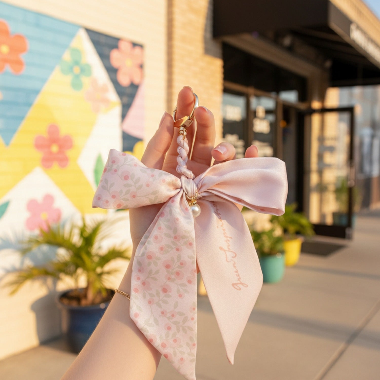 Blush Floral Ribbon Bow Acrylic Keyring